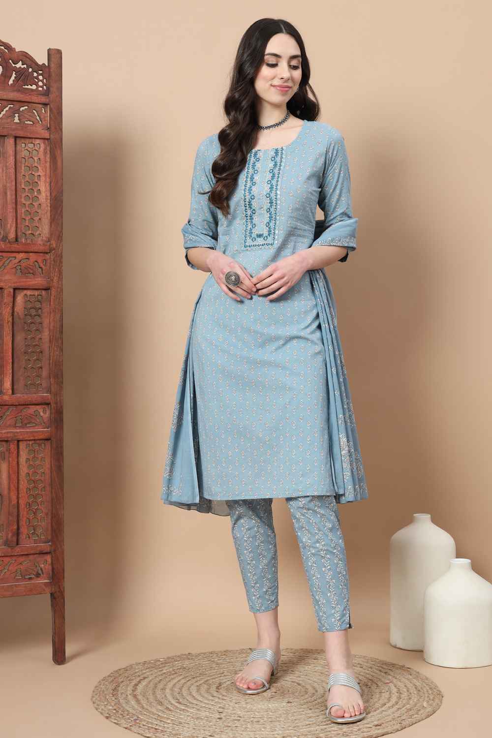 Blue Ethnic Motifs Thread Work Pure Cotton Kurti Set