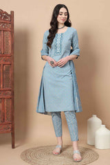 Blue Ethnic Motifs Thread Work Pure Cotton Kurta Set