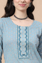 Blue Ethnic Motifs Thread Work Pure Cotton Kurta Set