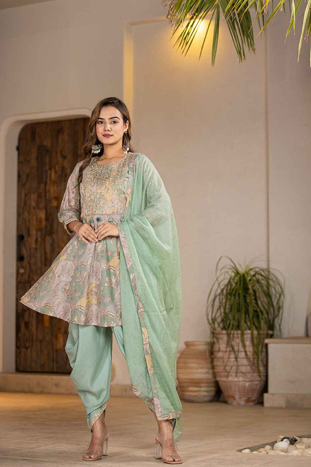 Green Floral Print Zari Work Pure Cotton Kurta Set