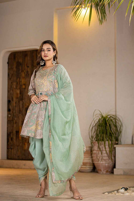 Green Floral Print Zari Work Pure Cotton Kurta Set