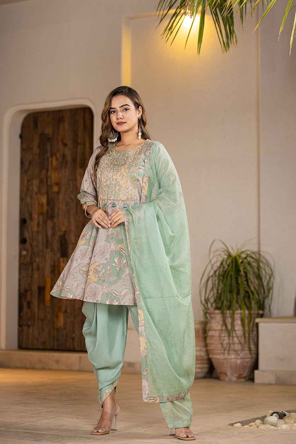 Green Floral Print Zari Work Pure Cotton Kurti Set