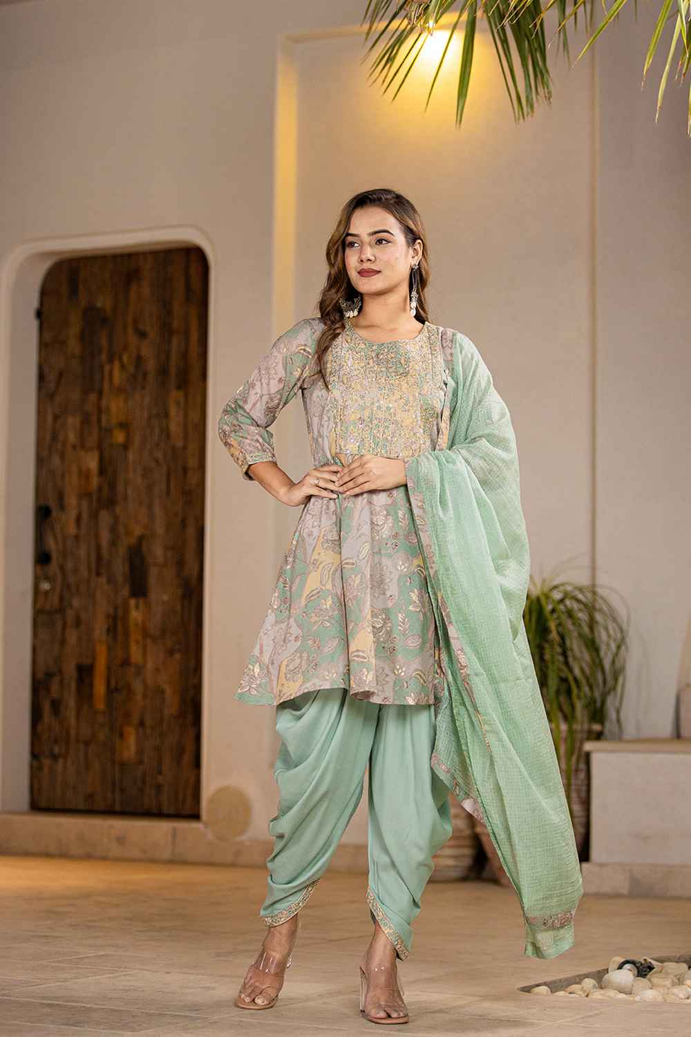 Green Floral Print Zari Work Pure Cotton Kurta Set