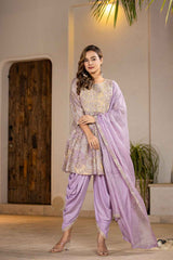 Violet Floral Print Zari Work Pure Cotton Kurta Set