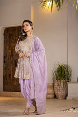 Violet Floral Print Zari Work Pure Cotton Kurta Set