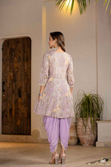 Violet Floral Print Zari Work Pure Cotton Kurti Set