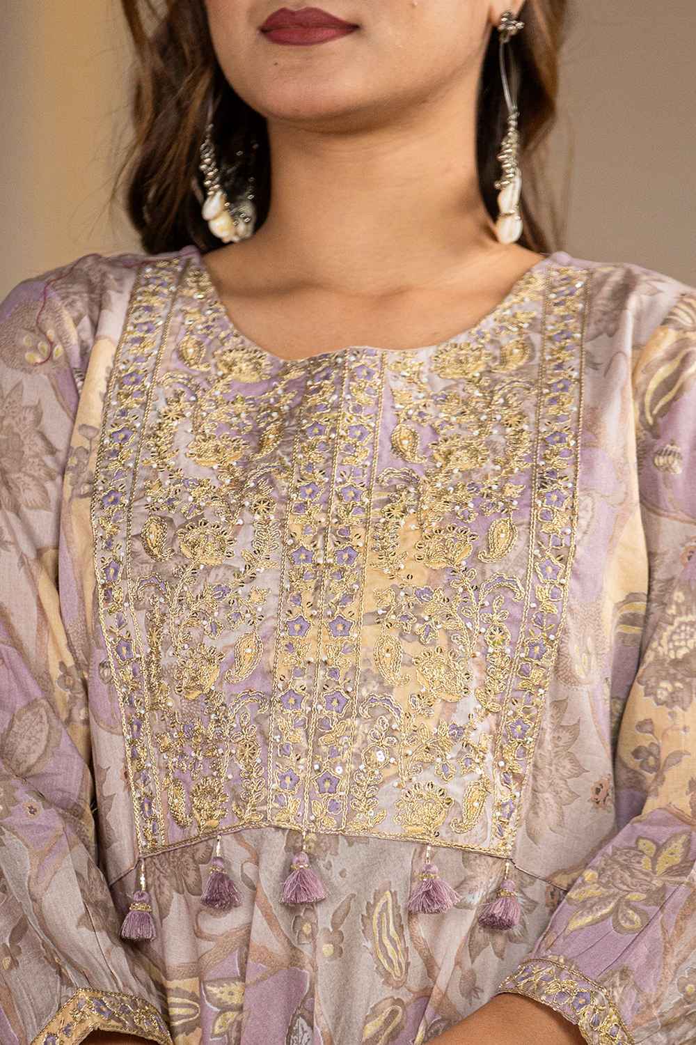 Violet Floral Print Zari Work Pure Cotton Kurta Set