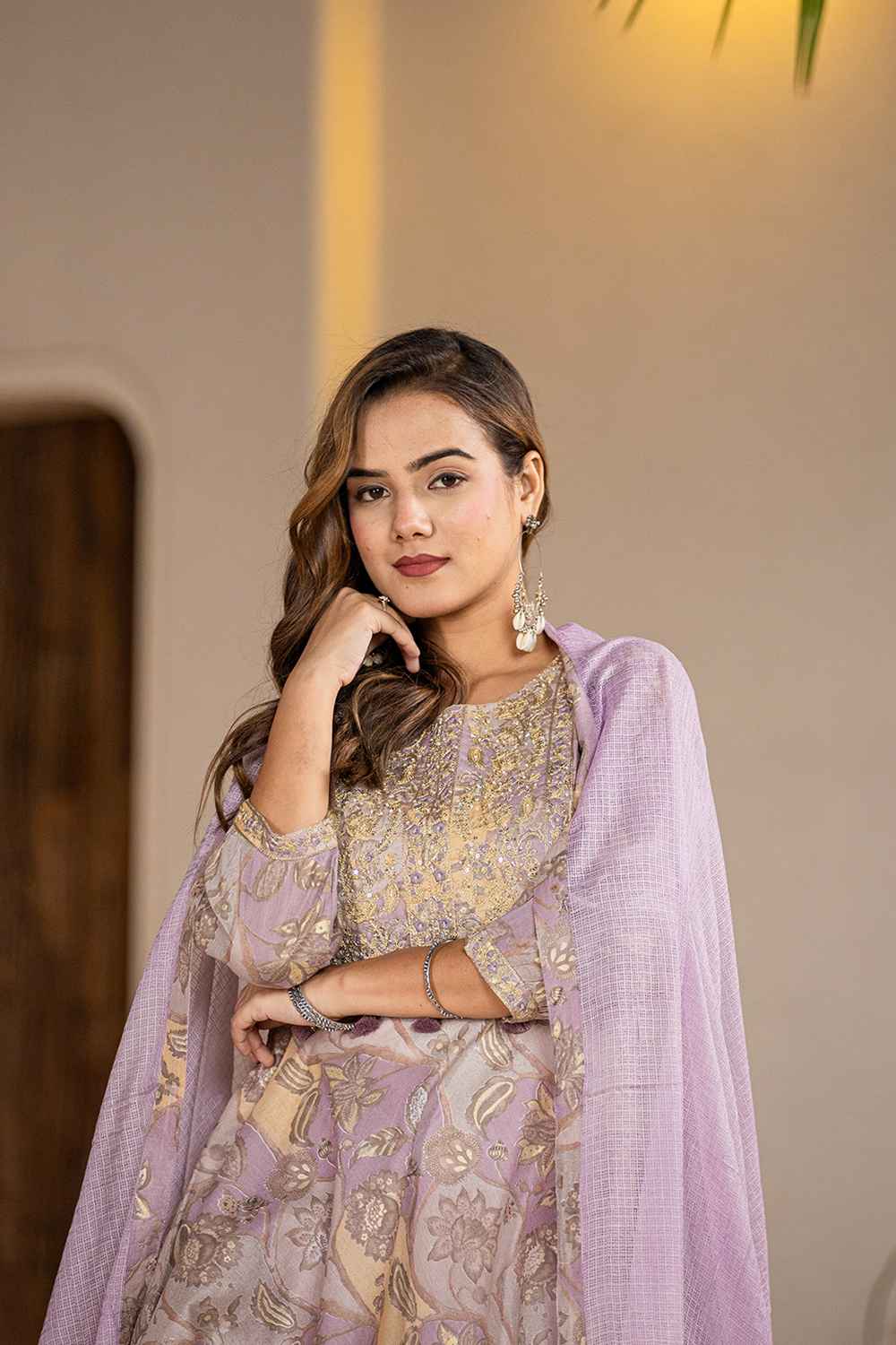 Violet Floral Print Zari Work Pure Cotton Kurta Set