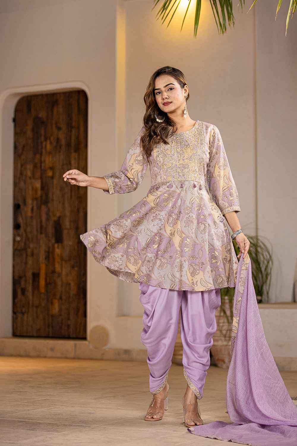 Violet Floral Print Zari Work Pure Cotton Kurta Set