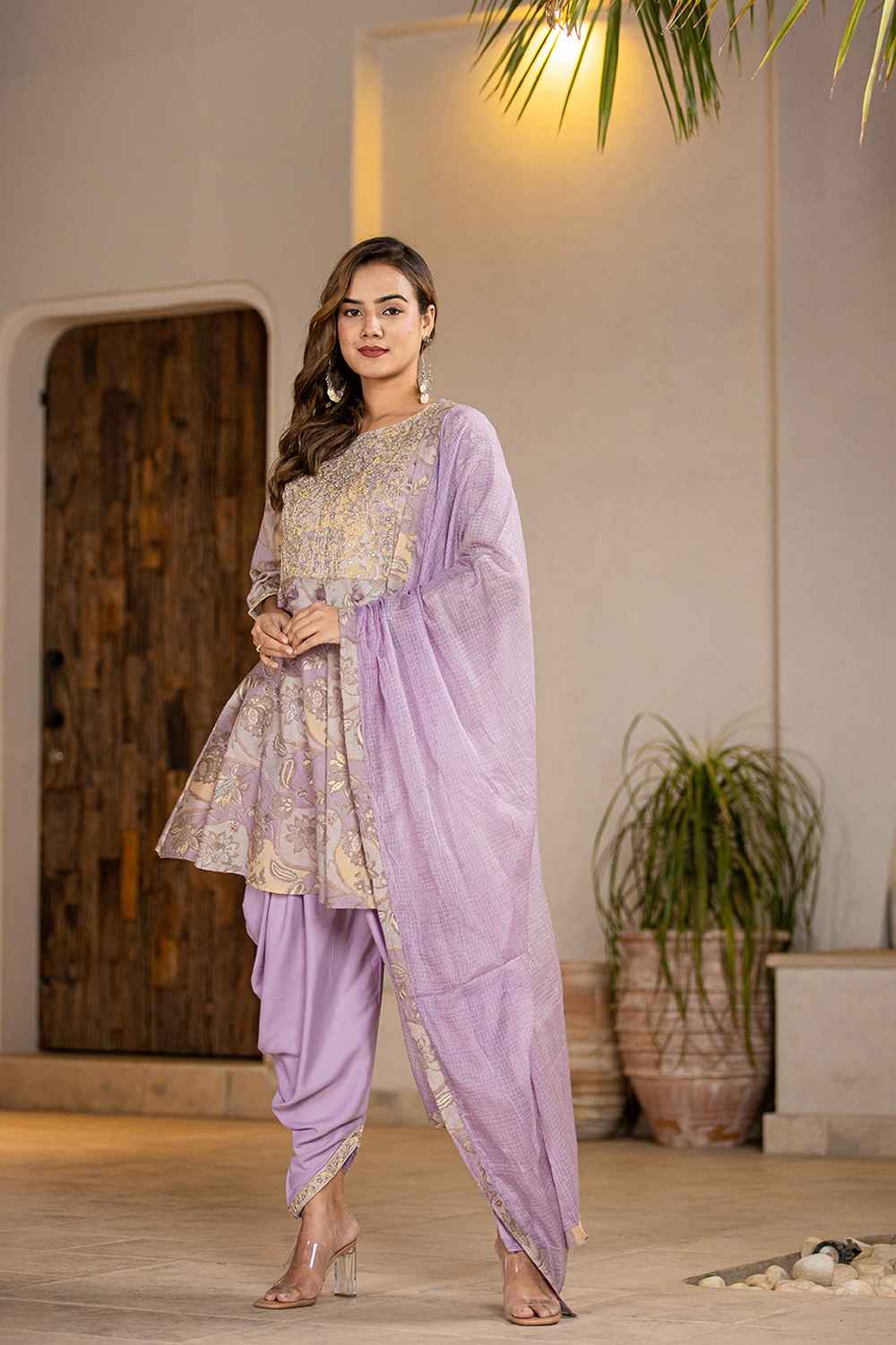 Violet Floral Print Zari Work Pure Cotton Kurta Set