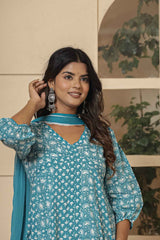 Blue Ethnic Motifs Pure Cotton Kurti Set