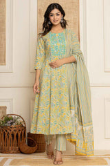 Yellow Paisley Print Thread Work Pure Cotton Kurta Set