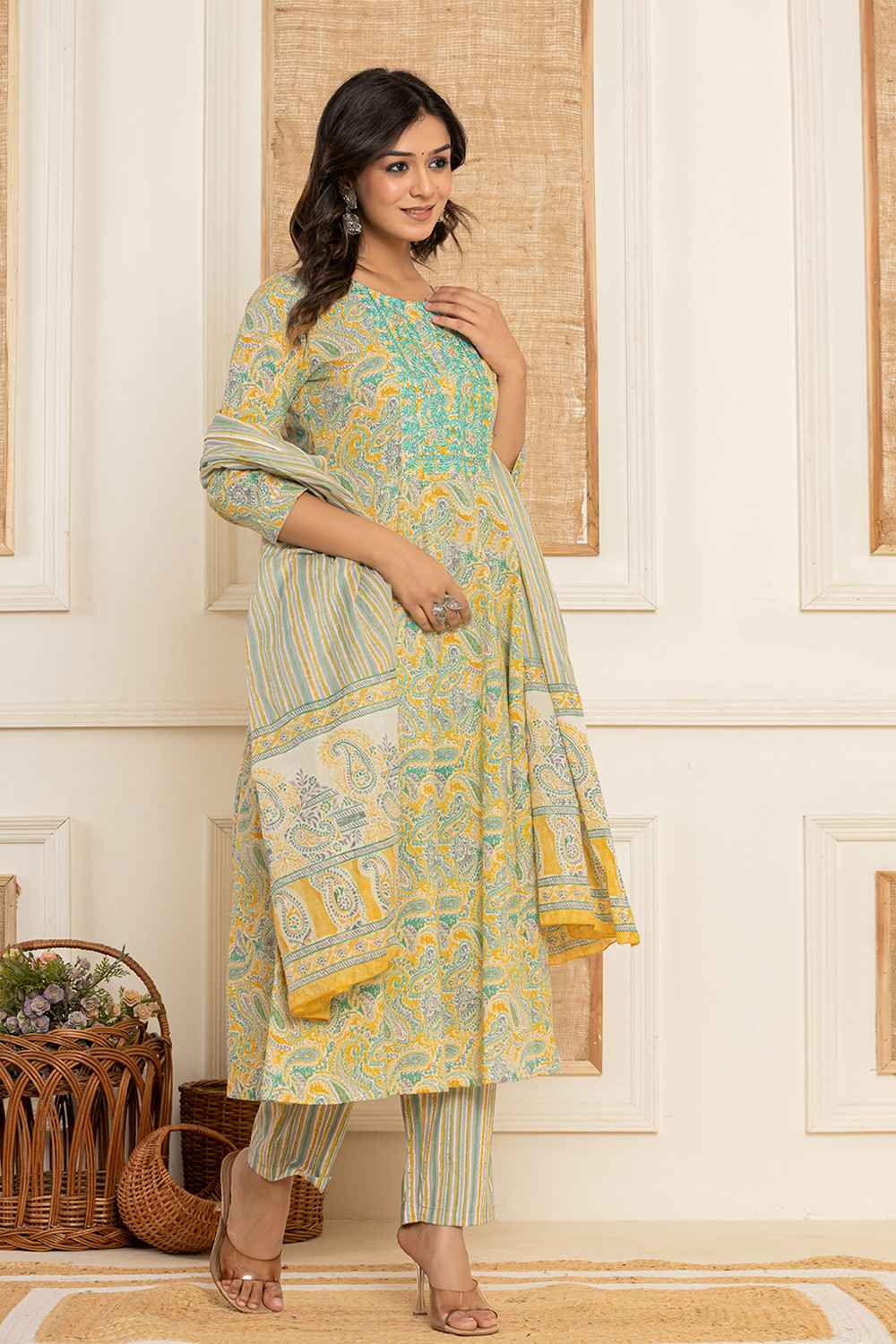 Yellow Paisley Print Thread Work Pure Cotton Kurti Set