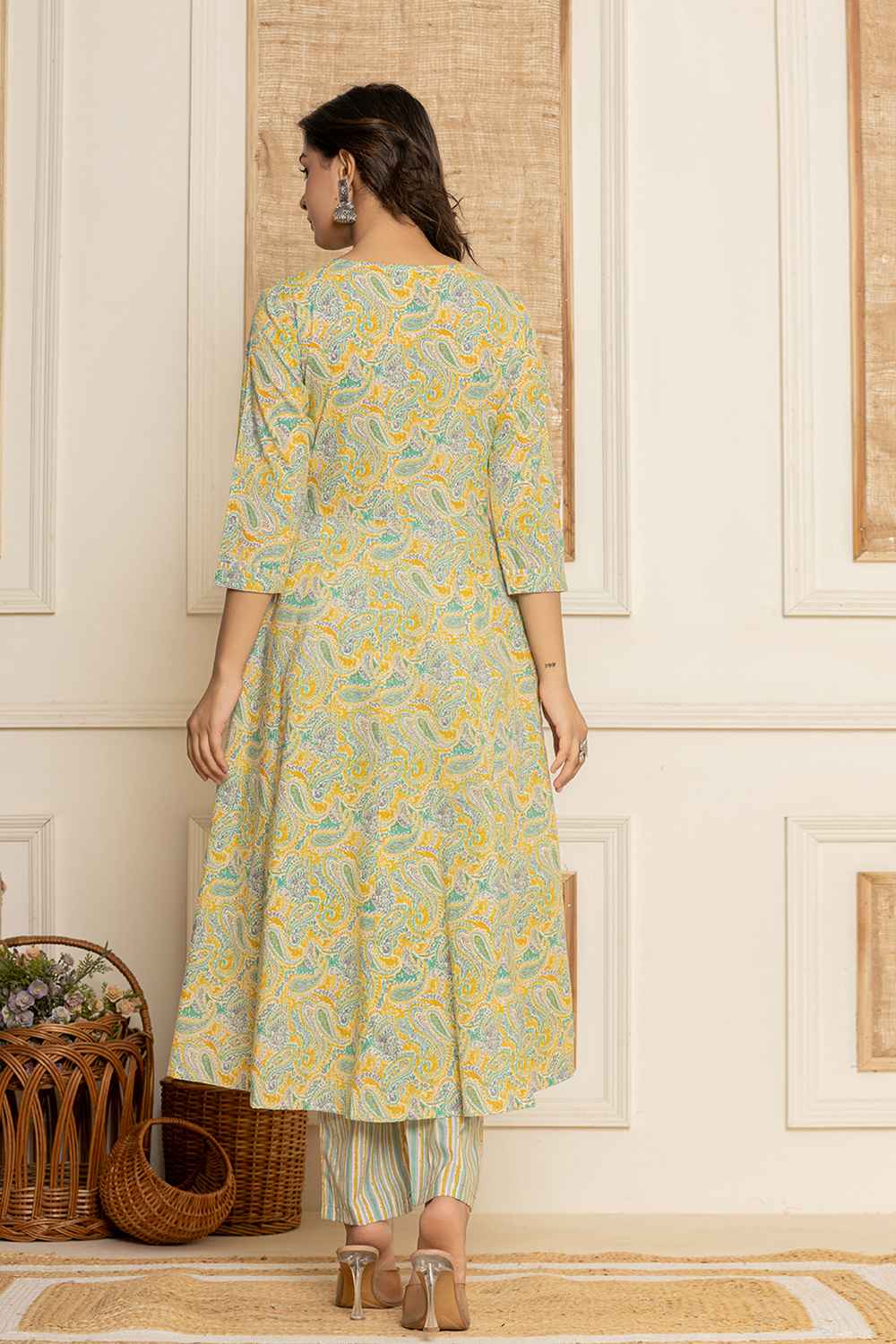 Yellow Paisley Print Thread Work Pure Cotton Kurti Set