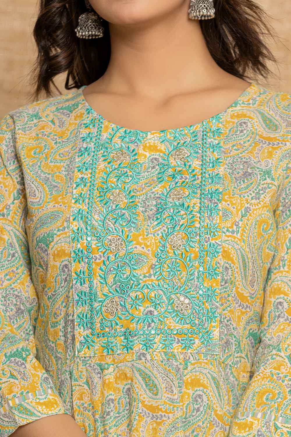 Yellow Paisley Print Thread Work Pure Cotton Kurti Set