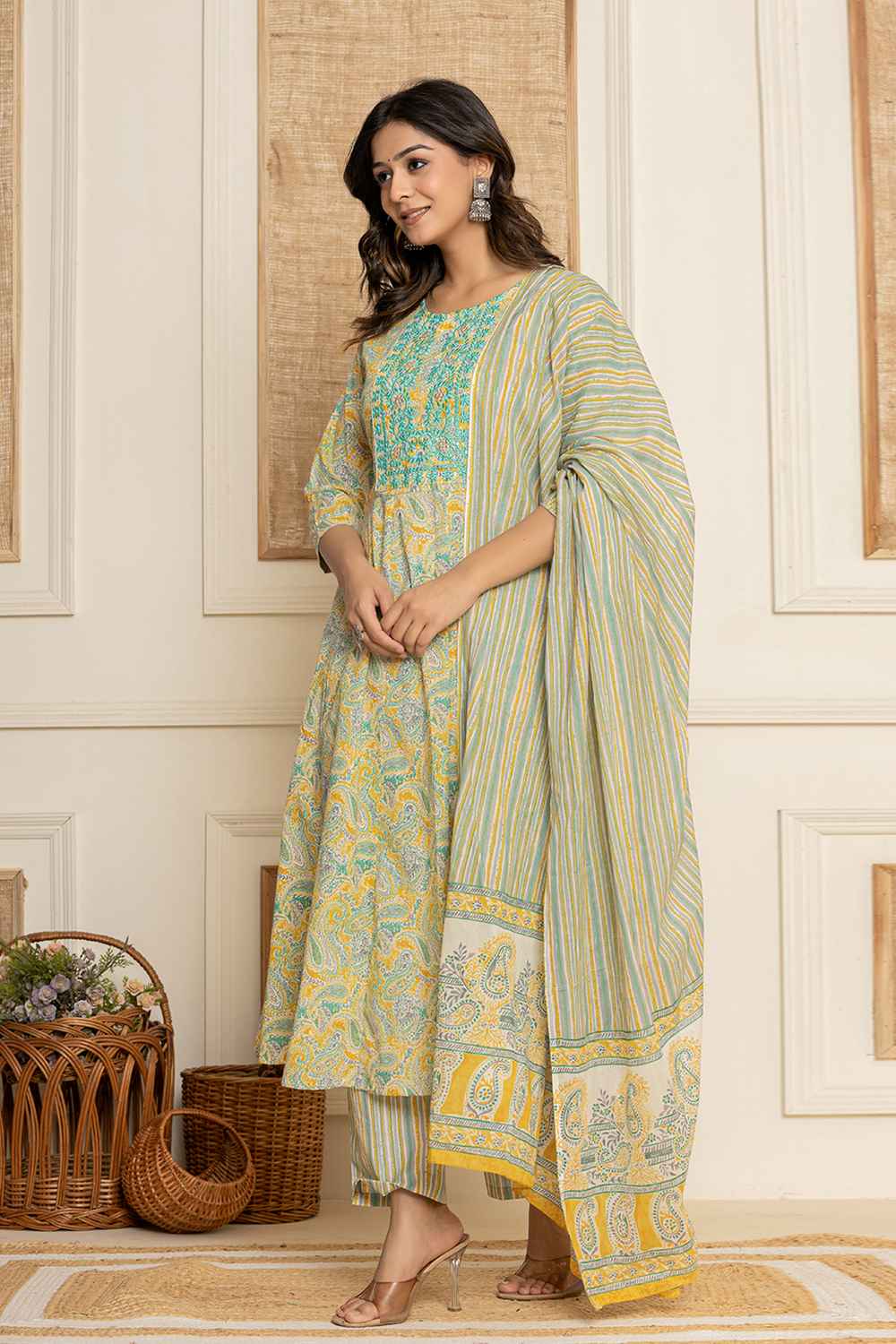 Yellow Paisley Print Thread Work Pure Cotton Kurta Set