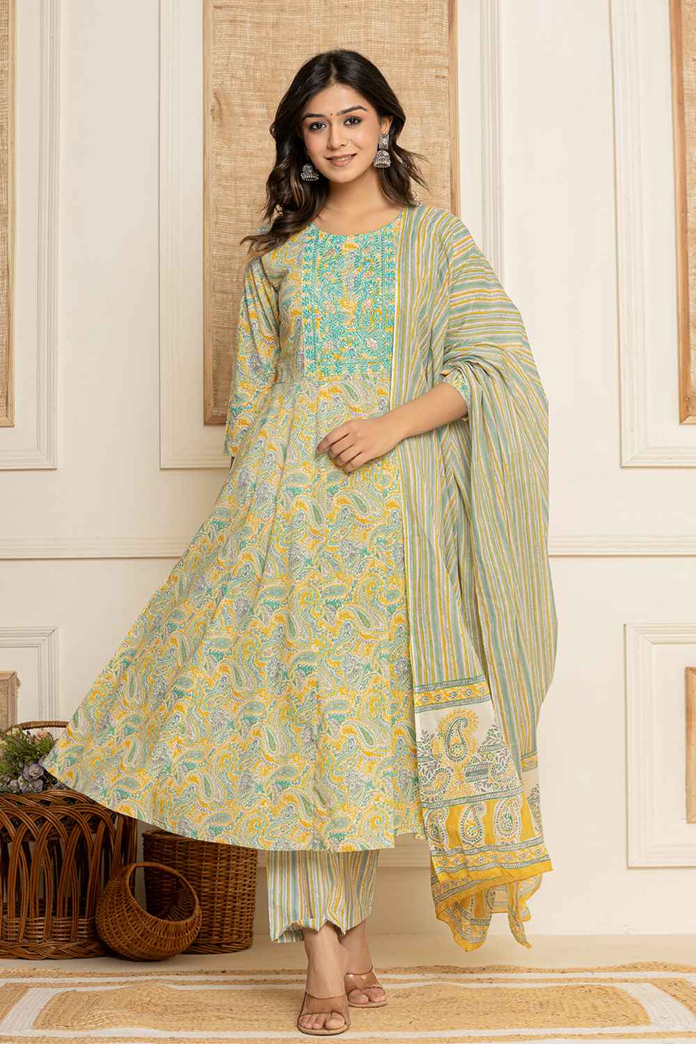 Yellow Paisley Print Thread Work Pure Cotton Kurti Set