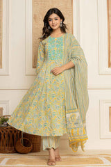 Yellow Paisley Print Thread Work Pure Cotton Kurta Set