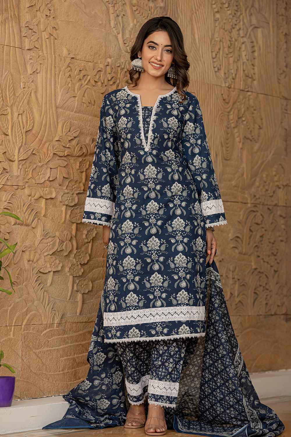 Blue Floral Print Lace Work Pure Cotton Kurti Set