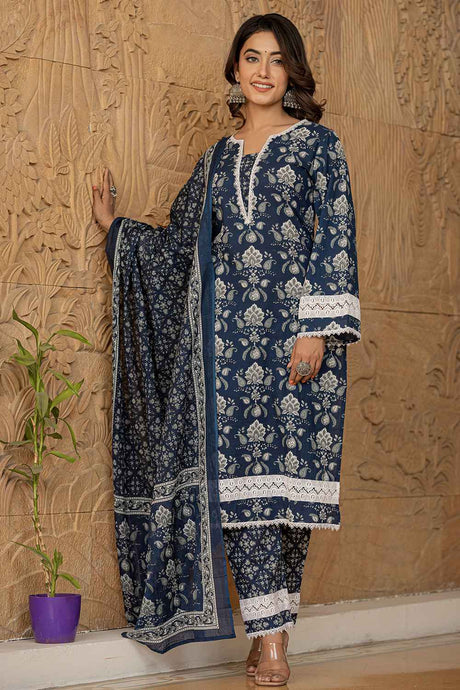 Blue Floral Print Lace Work Pure Cotton Kurti Set