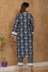 Blue Floral Print Lace Work Pure Cotton Kurti Set