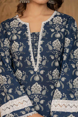 Blue Floral Print Lace Work Pure Cotton Kurta Set