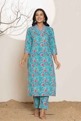 Turquoise Geometric print Sequins Work Pure Cotton Kurti Set