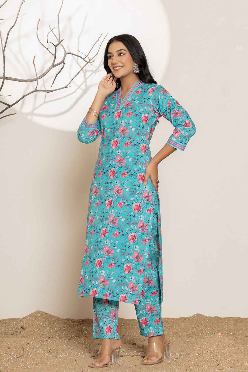 Turquoise Geometric print Sequins Work Pure Cotton Kurti Set