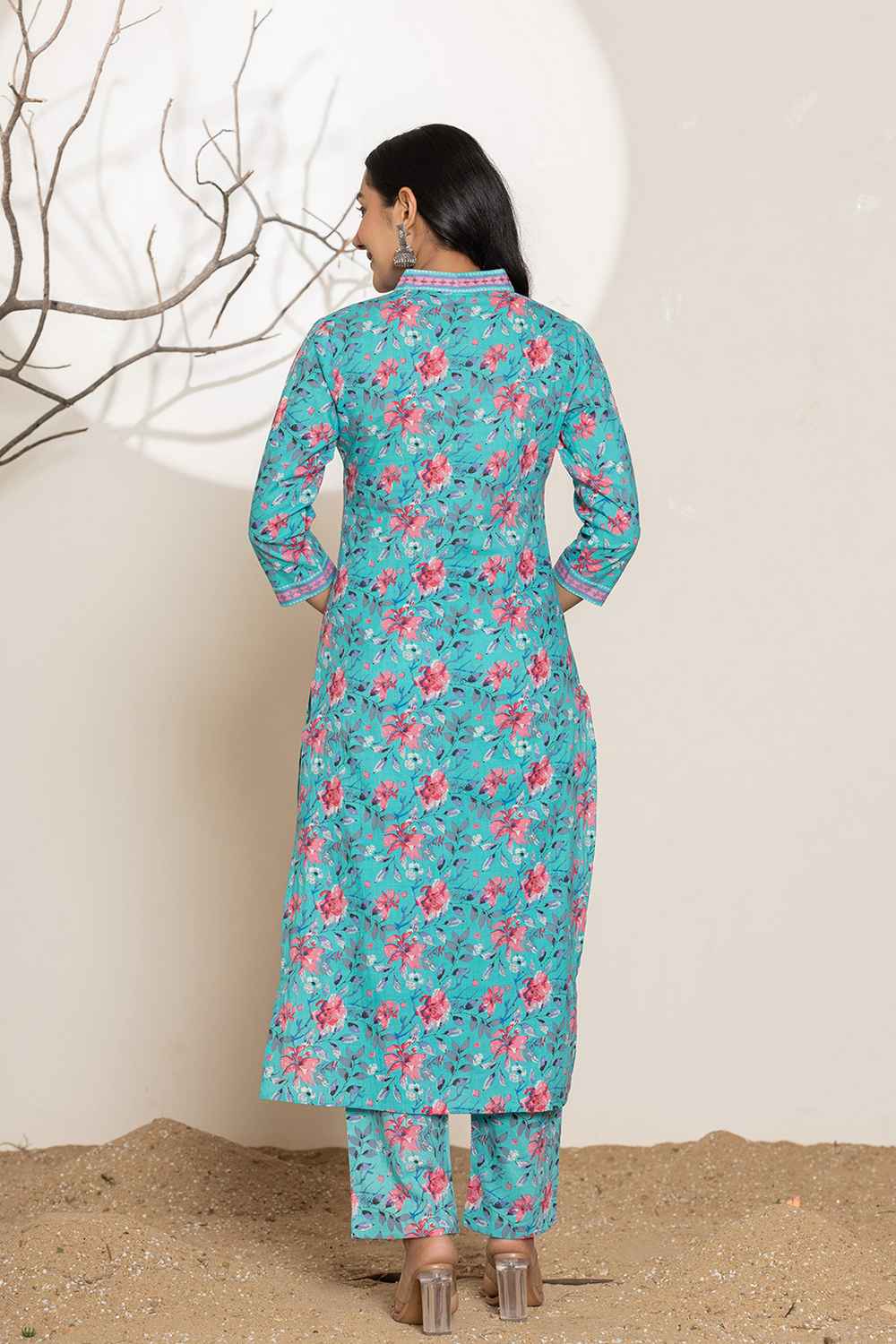 Turquoise Geometric print Sequins Work Pure Cotton Kurta Set