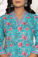 Turquoise Geometric print Sequins Work Pure Cotton Kurti Set