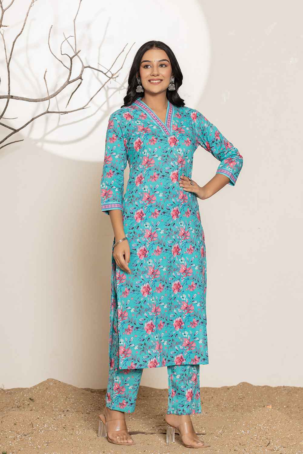 Turquoise Geometric print Sequins Work Pure Cotton Kurta Set