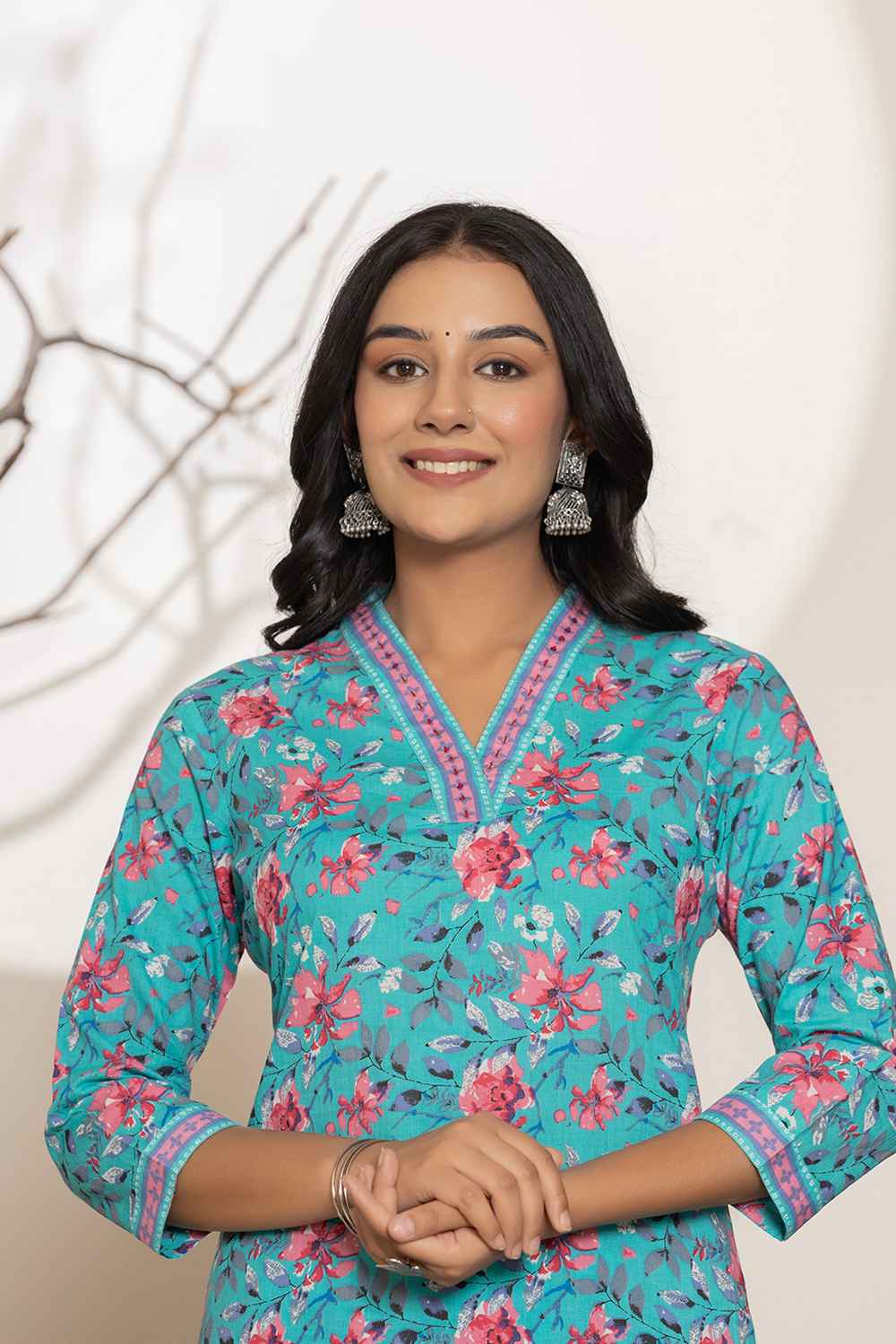 Turquoise Geometric print Sequins Work Pure Cotton Kurti Set