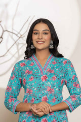 Turquoise Geometric print Sequins Work Pure Cotton Kurta Set