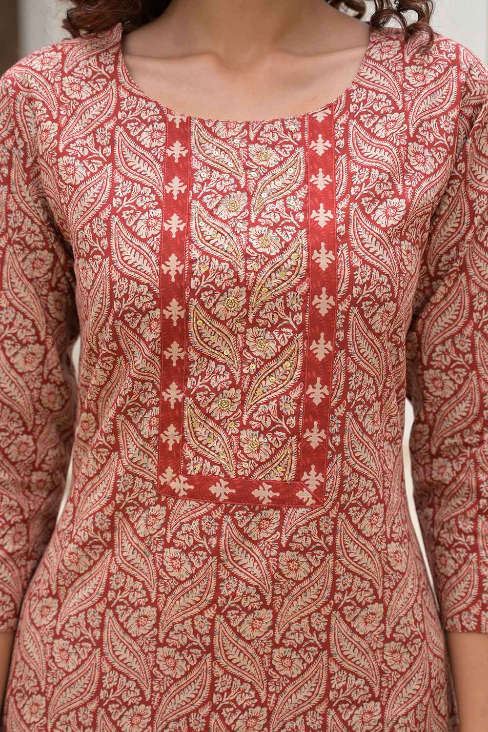 Red Ethnic Motifs Beads and Stones Embossed Pure Cotton Kurti Set