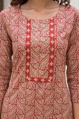 Red Ethnic Motifs Beads and Stones Embossed Pure Cotton Kurta Set