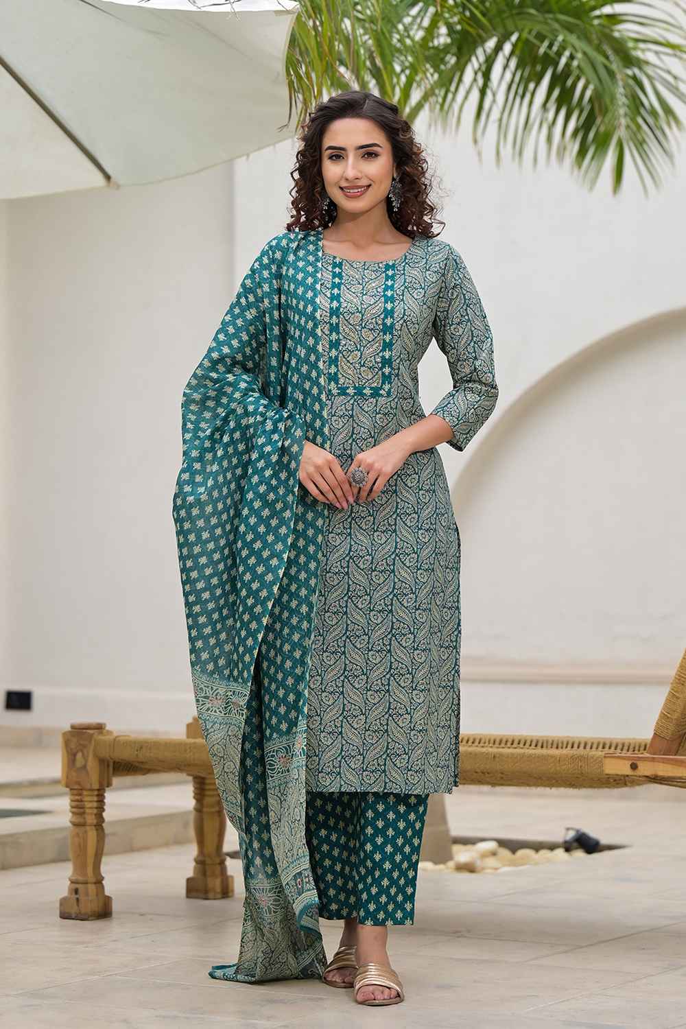 Green Ethnic Motifs Beads and Stones Embossed Pure Cotton Kurti Set