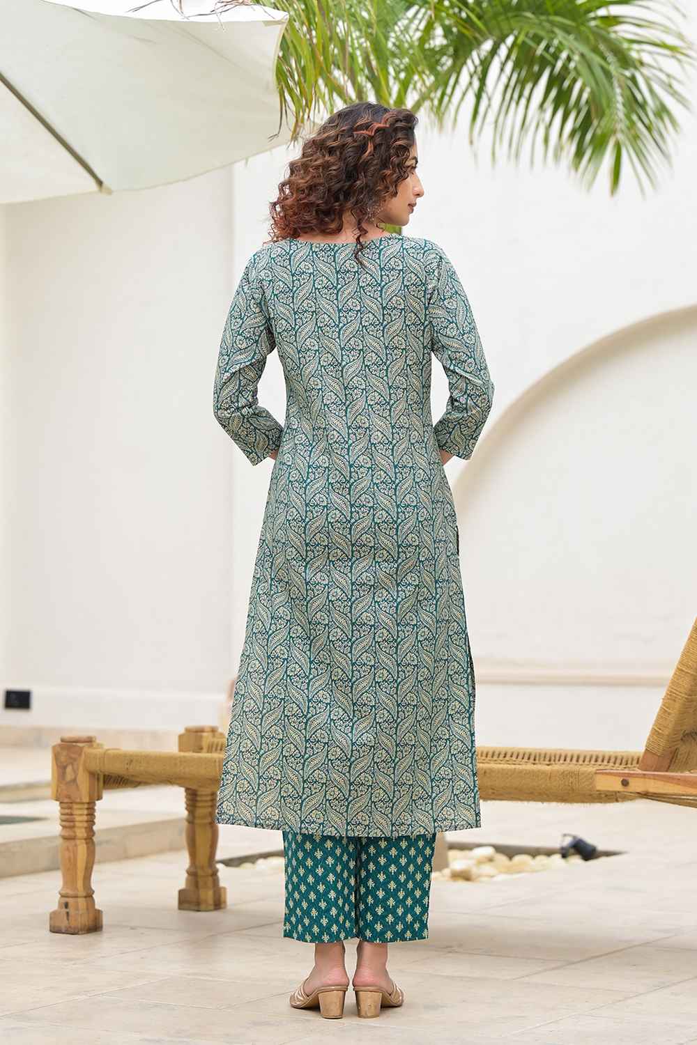 Green Ethnic Motifs Beads and Stones Embossed Pure Cotton Kurta Set