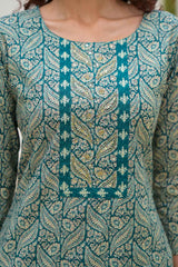 Green Ethnic Motifs Beads and Stones Embossed Pure Cotton Kurta Set