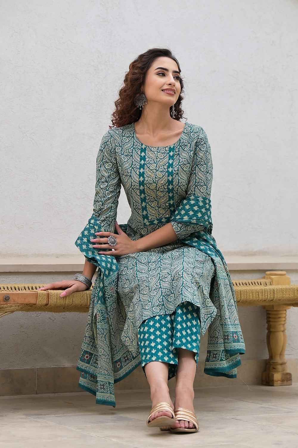 Green Ethnic Motifs Beads and Stones Embossed Pure Cotton Kurti Set