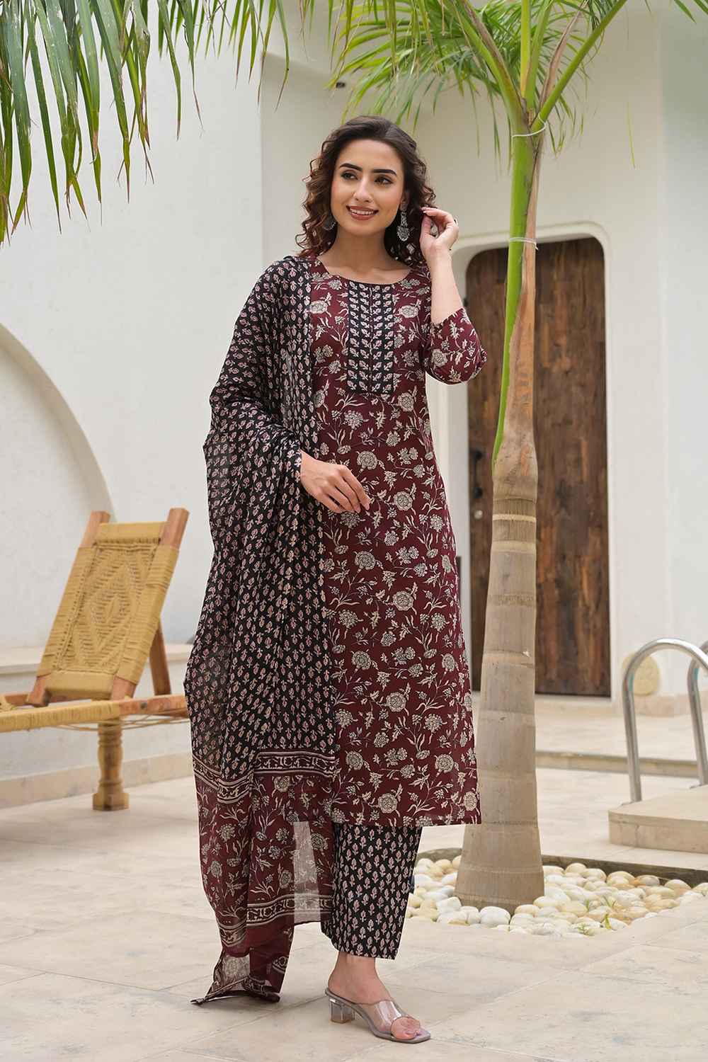 Red Floral Print Pure Cotton Kurta Set