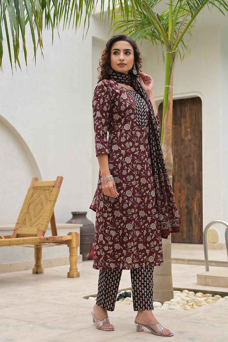 Red Floral Print Pure Cotton Kurta Set