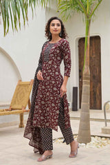 Red Floral Print Pure Cotton Kurta Set