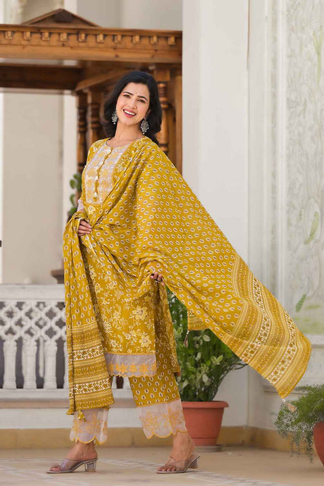 Yellow Floral Print Lace Work Pure Cotton Kurti Set