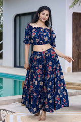 Blue Floral Print Cotton Co-Ord Sets