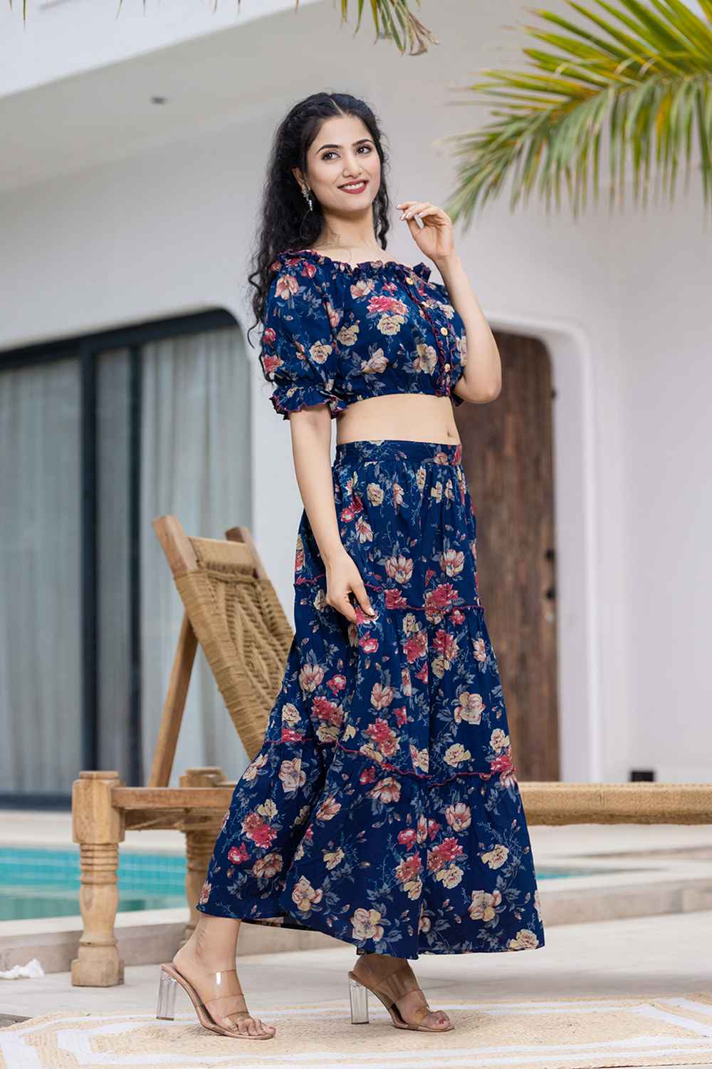 Blue Floral Print Cotton Co-Ord Sets