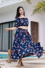 Blue Floral Print Cotton Co-Ord Sets