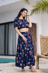 Blue Floral Print Cotton Co-Ord Sets