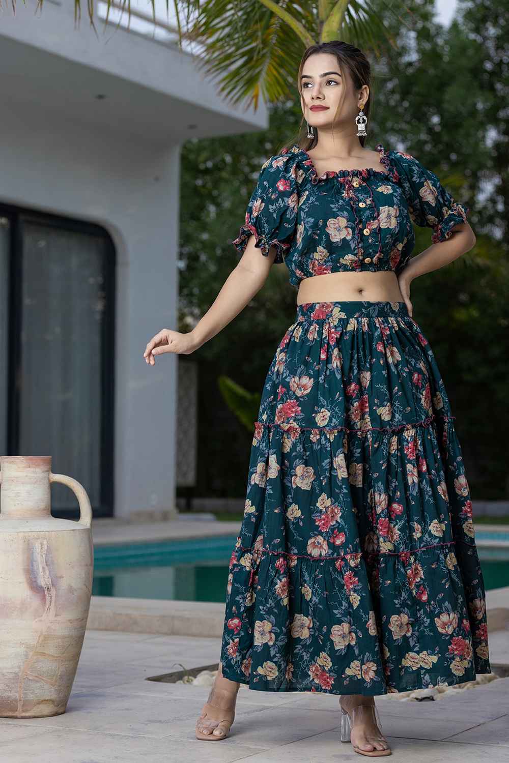 Green Floral Print Cotton Co-Ord Sets