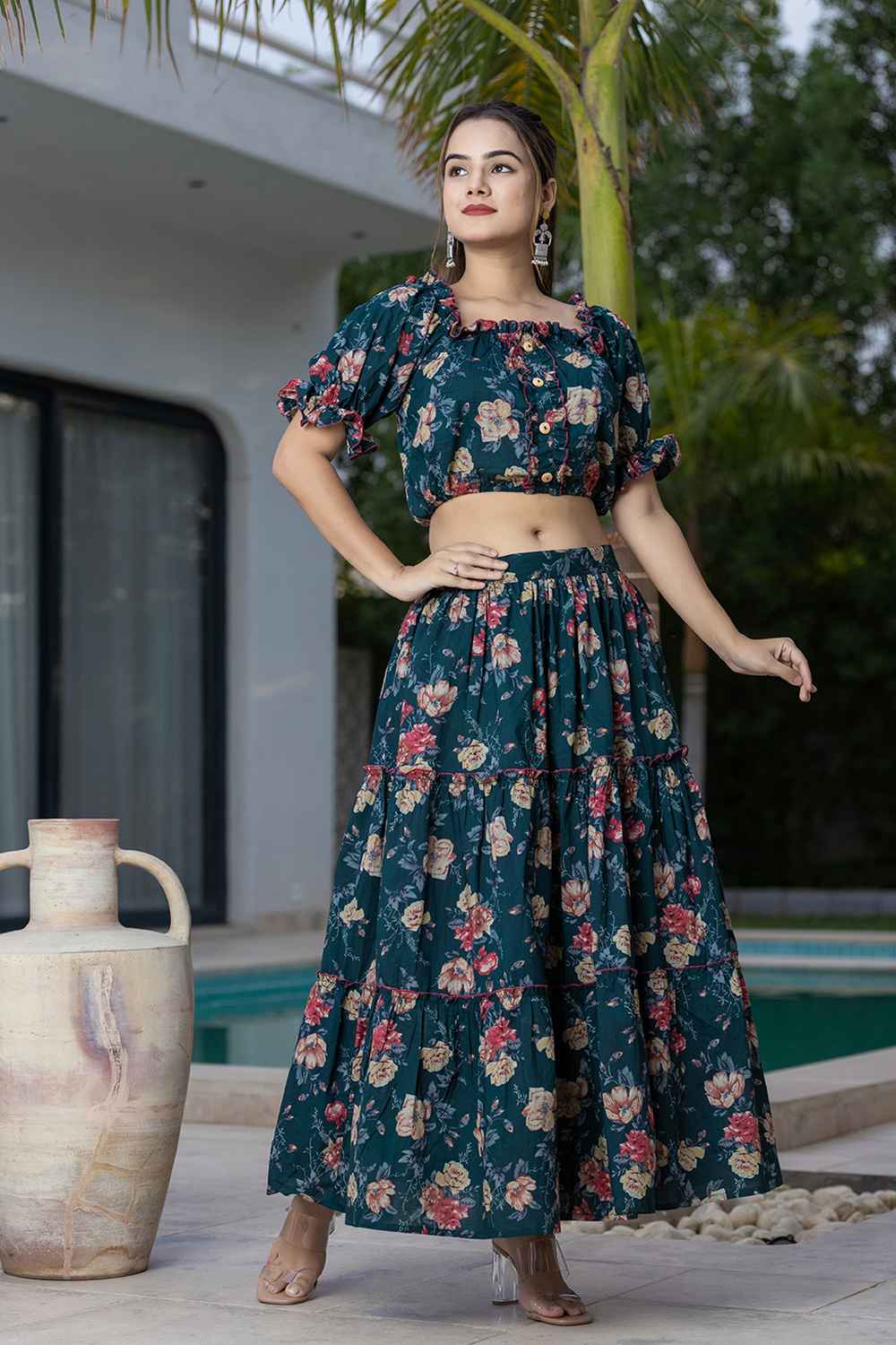 Green Floral Print Cotton Co-Ord Sets