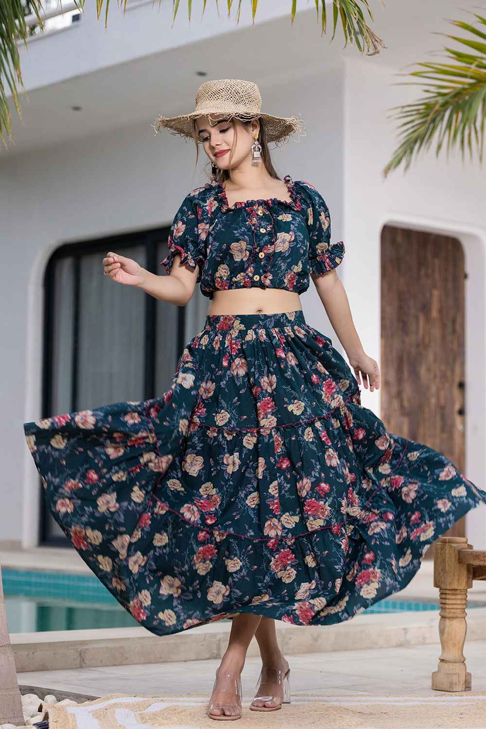 Green Floral Print Cotton Co-Ord Sets